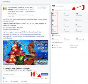 Click to enlarge image  First, notice the "Reactions, Comments & Shares" marked J. You can see that if you add up the numbers in the red box it will total 37. That 37 is a total of all activity on that post but not necessarily what you can see on the page. This can pose some confusion so the next few images make that clearer, hopefully! - Information on FACEBOOK Business Page Stats, Reach and more. - 
