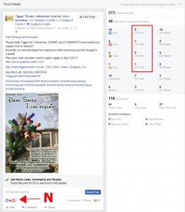 Click to enlarge image Here is the number of REACTIONS (Like, Love, Haha, Sad) that were made directly ON the post on Tigger Travels.  Added up they make 9 marked N. - Information on FACEBOOK Business Page Stats, Reach and more. - 